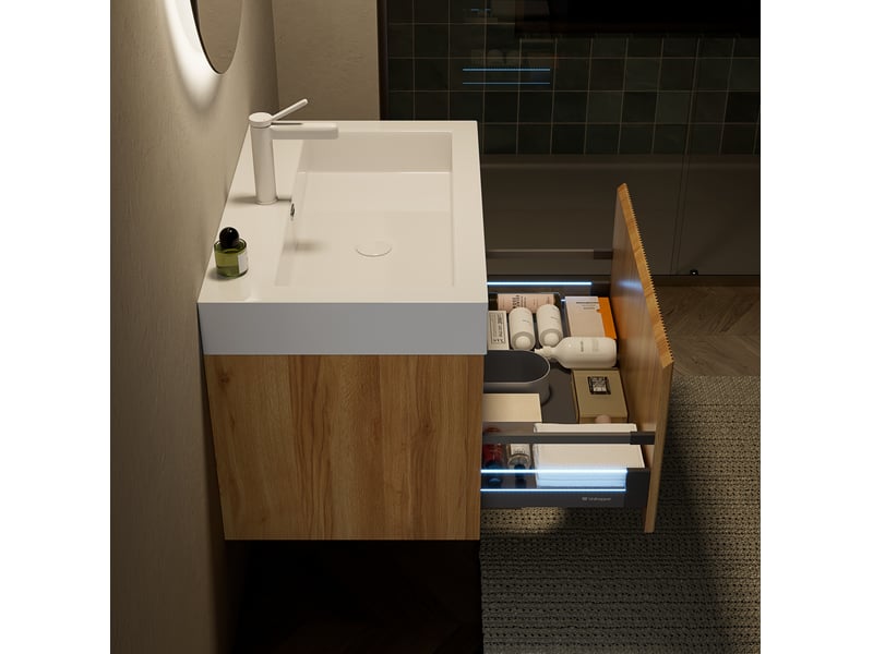 Meuble rangement salle de bain tiroir led bois naturel vasque résine blanche homvra - Conforama D