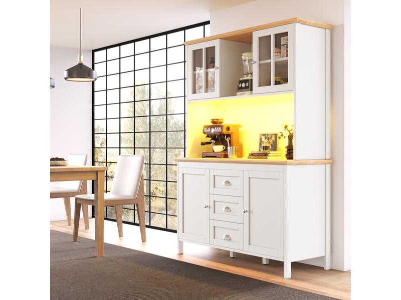  Meuble de cuisine muvano, buffet haut blanc avec éclairage led, 4 portes et 3 tiroirs  - Conforama D