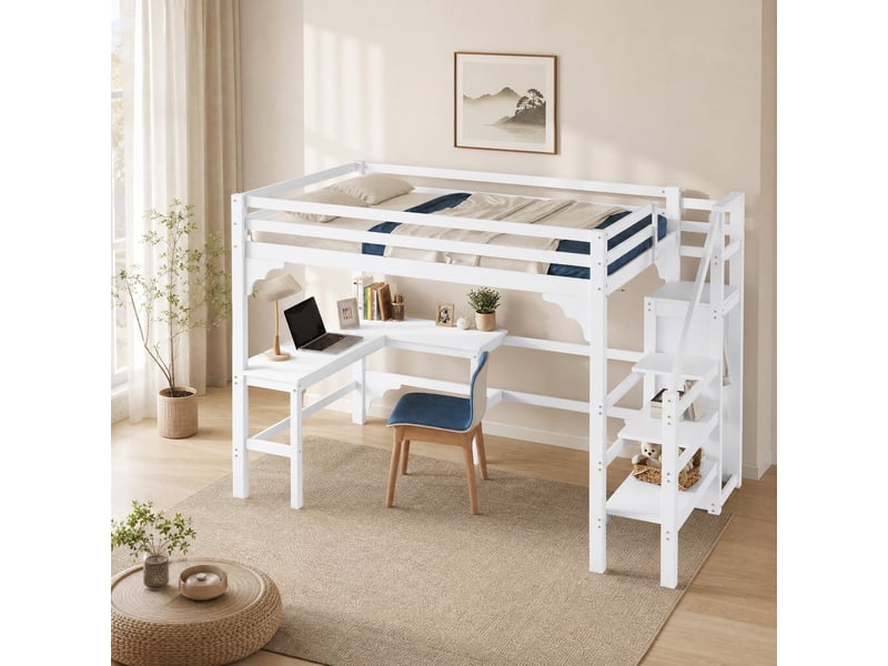  Lit mezzanine 200×140 cm avec bureau en l, penderie ouverte et escalier de rangement, sans matelas, blanc  - Conforama B