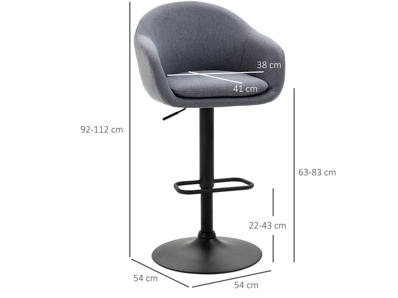  Tabouret de bar réglable pivotant à 360° avec dossier et repose-pieds, tissu aspect lin gris foncé, acier noir  - Conforama C