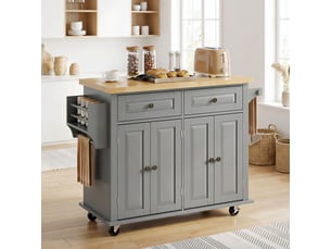Desserte de cuisine multi rangements 2 tiroirs 2 placard 2 portes étagère range-bouteille porte-torchons mdf gris hévéa