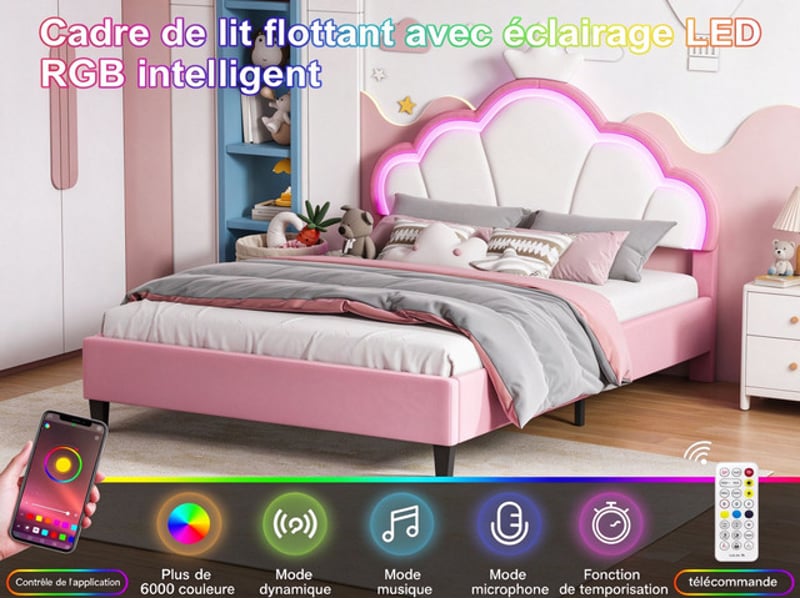 Lit enfant 140x200 cm ezssw, coloris rose - Conforama B