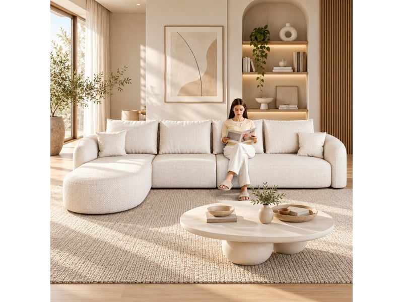  Canapé d’angle modulable 336 cm, 3 places, mousse compressée sans montage, assise profonde avec coin, blanc  - Conforama D