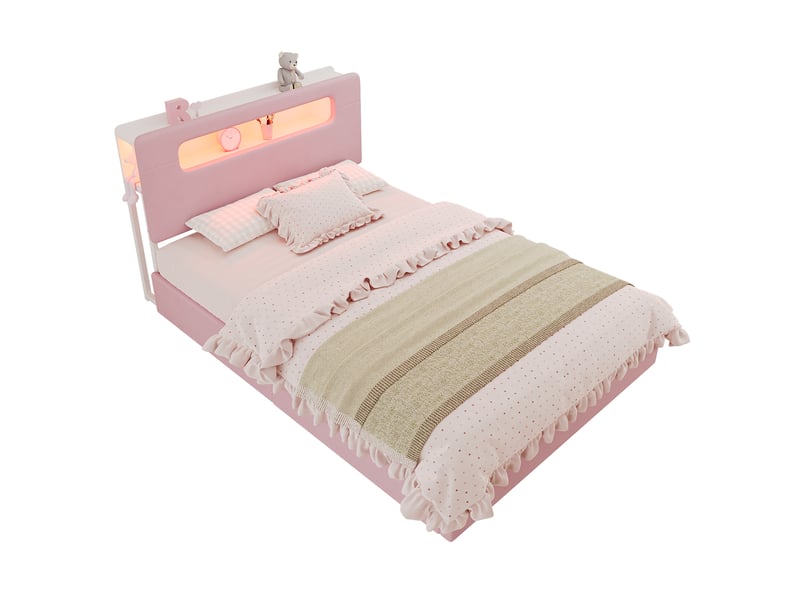 Lit avec rangement led, 140 x 200 cm, velours rose - Conforama A