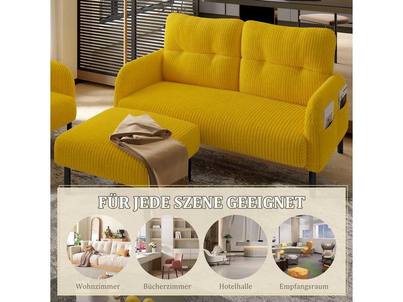 Canapé modulable, canapé 2 places – avec repose-pieds, jaune, poches latérales, assise profonde - Conforama W