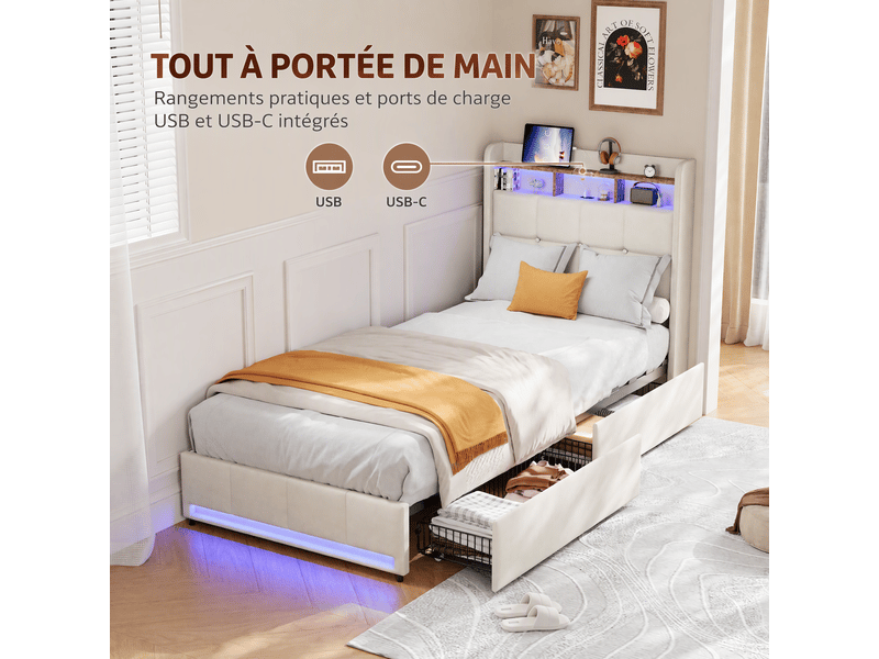  Lit 1 personne 90x200 cm avec éclairage led et 2 tiroirs, lit rembourré avec port usb et type-c, cadre de lit avec rangement et sommier à lattes, lin, beige  - Conforama R