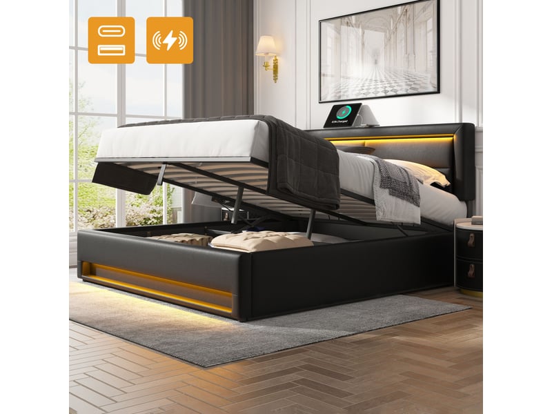 Lit rembourré 140 x 190 cm avec rangement sous le lit, éclairage led, ports usb et recharge sans fil, revêtement pu noir Fay Lum - Conforama B