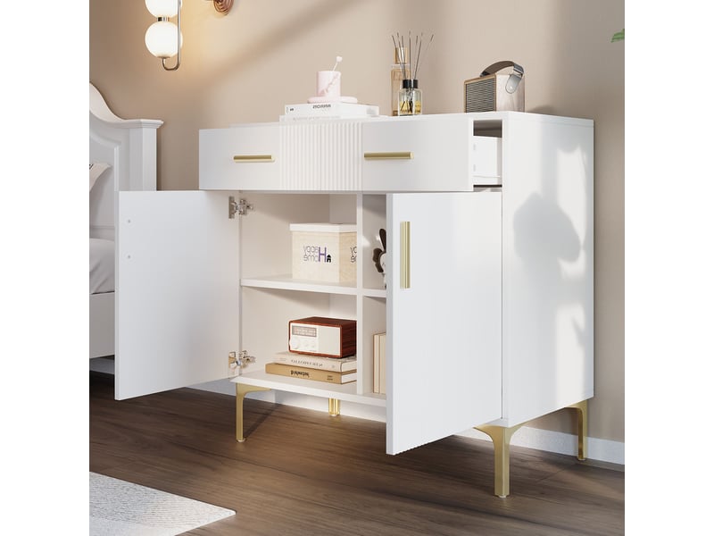  Buffet moderne de 80 cm avec deux portes et deux tiroirs, poignées et pieds en métal,blanc  - Conforama E