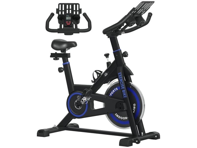 Vélo d'appartement avec résistance réglable, volant d'inertie de 8 kg, écran lcd, guidon et selle réglables, bleu - Conforama A