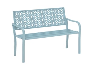 Banc d'extérieur, banc de jardin en acier, dossier ajouré, accoudoirs, pour 2 personnes, bleu