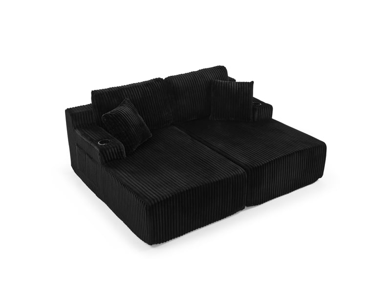 Canapé droit convertible 2 places en velours côtelé noir avec porte-gobelet et poche latérale, pour votre salon - Conforama A
