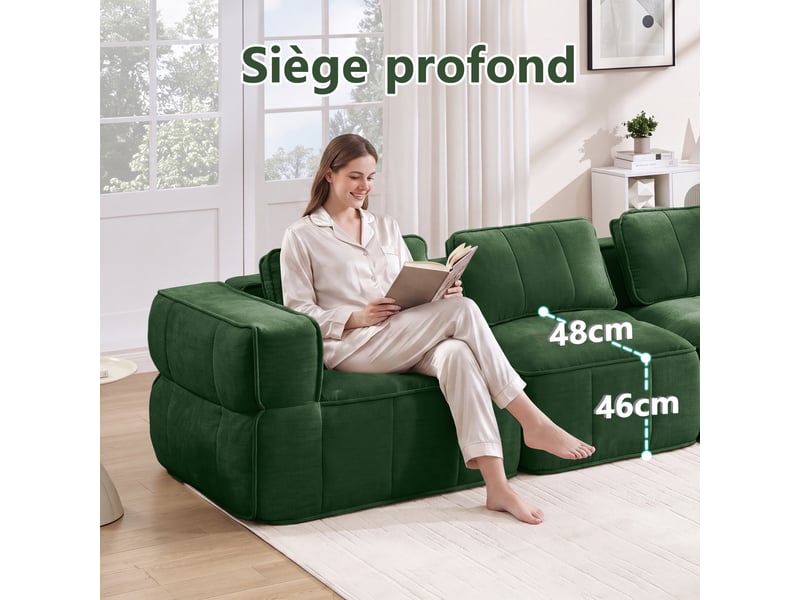 Canapé modulable droit 3 places en polyester vert, 271 x 93 x 67 cm, sans montage, mousse haute densité 32d, assise profonde, livré compressé Luxe haut de gamme - Conforama E