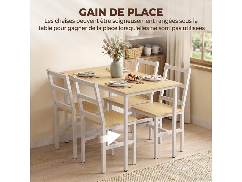  Ensemble table salle à manger avec 4 chaises, chaises à dossier à lattes, table rectangulaire 108 cm, chêne et blanc  - Conforama R