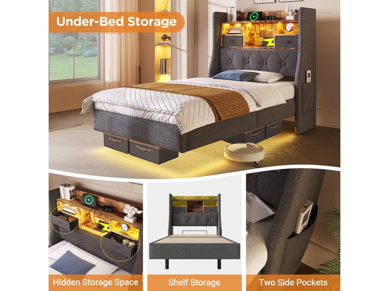  Lit avec rangement 140x190 cm, tête de lit avec rangement, tiroirs, éclairage led, usb et usb-c, cadre de lit, pour chambre - gris  - Conforama D