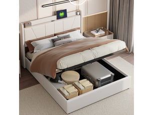 Lit coffre 2 places 140x200 cm, lit adulte double avec rangement, 2 ports usb et 1 type-c, design simple, lin beige