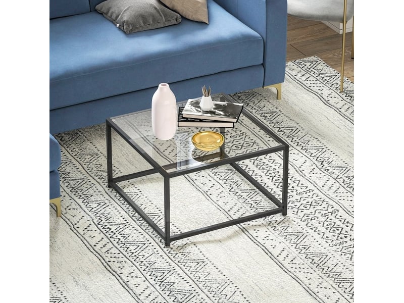  Table basse carrée en verre trempé avec structure en acier, style industriel, pour salon, 68 × 68 × 39 cm, noir  - Conforama B