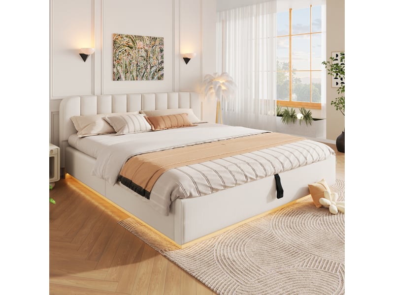 Lit coffre rembourrée 180x200 cm lit double avec rangement hydraulique, led, sommier à lattes, chenille beige evarich - Conforama B