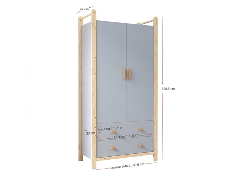  Armoire 2 portes avec penderie et 2 tiroirs, meuble de chambre bleu et bois, 90x45x180 cm  - Conforama C