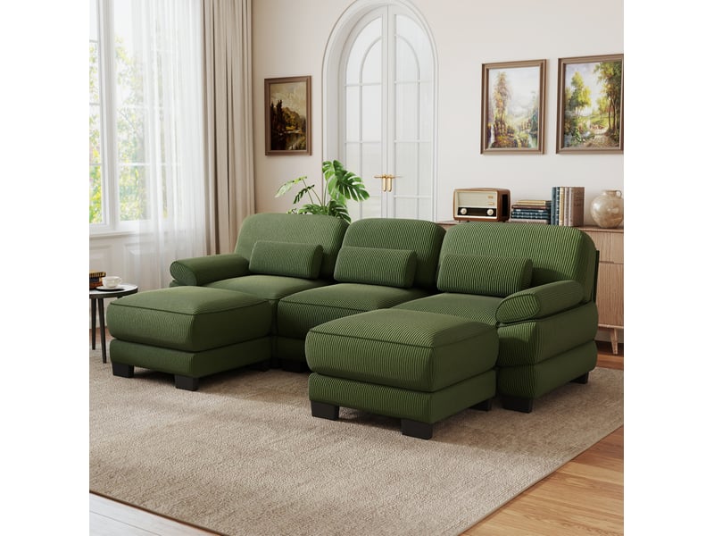  Canapé modulable 3 places 265x161x94 cm, coussins d’assise épais, assise profonde, avec 2 poufs, en velours côtelé, vert  - Conforama B