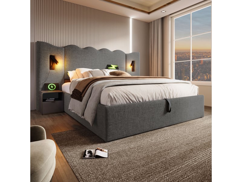  Lit coffre 2 places 180x 200 cm, bois et métal gris sans matelas, doté de lampe de lecture orientable et ports usb-c  - Conforama D