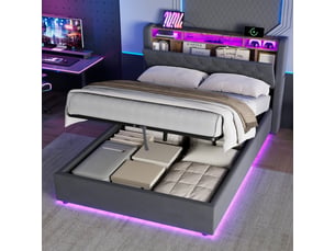 Lit coffre ulevr rembourré 140 x 200 cm, velours holland gris, led, ports usb-ausb-c et étagère de tête de lit