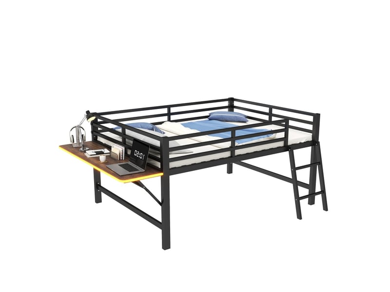  Lit plat, 140 x 200 cm, lit en métal, sans matelas, barrière de sécurité, échelle, bureau, bande lumineuse led, noir  - Conforama A