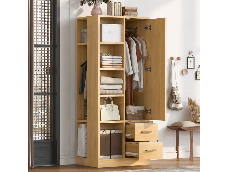  Armoire modenvie 1 porte 70 x 50 x 170 cm avec 2 tringles et 2 tiroirs bois clair  - Conforama B