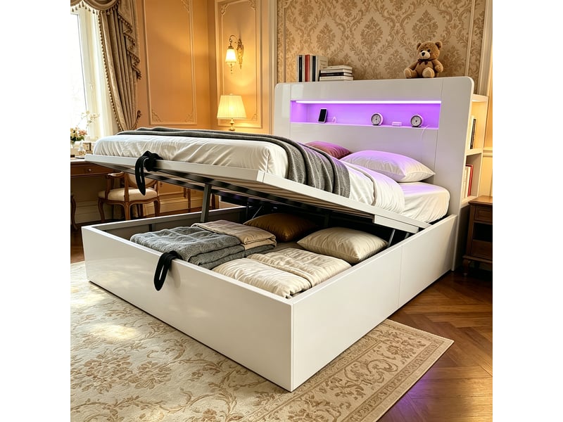  Cadre de lit bois 140*200 avec coffre hydraulique, tête led, prises et rangements, coloris blanc  - Conforama C