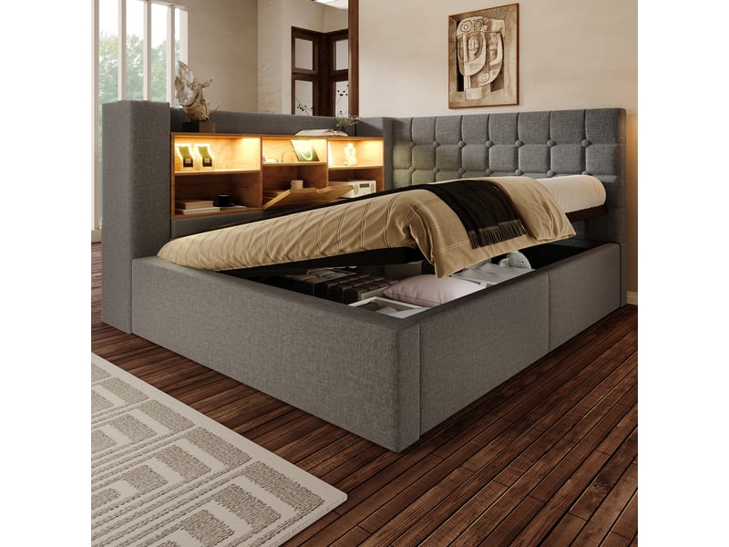  Lit coffre 140 × 190 en lin gris, tête de lit en l réversible, led et usb-c IKSETERA TRADING LTD - Conforama E