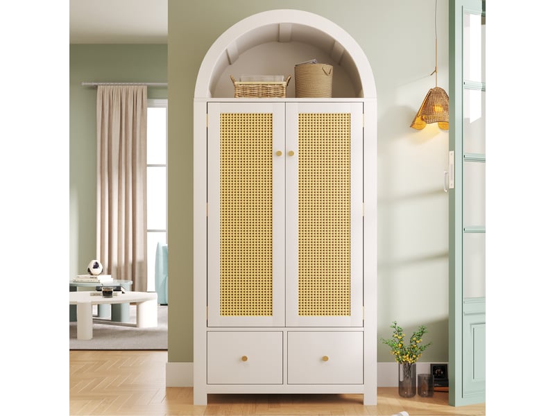  Armoire avec 2 portes, 2 tiroirs, penderie et niche ouverte, style campagne, pour chambre en bois 78×45×181 cm blanc  - Conforama C