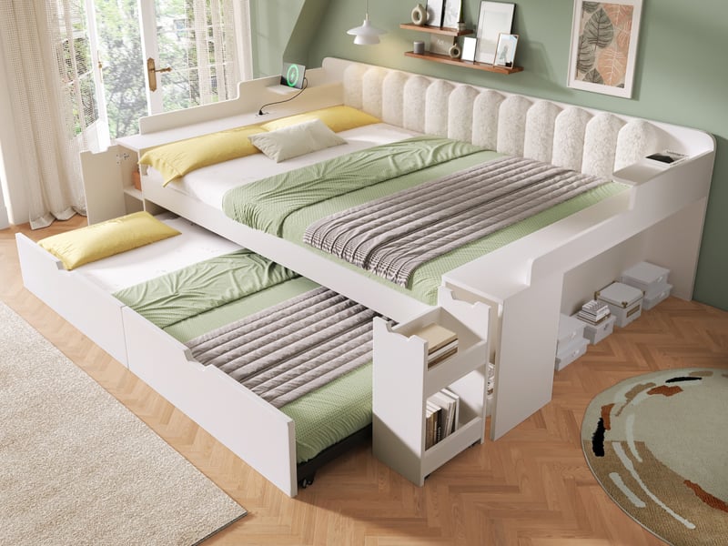  Lit banquette enfant 140x190 cm blanc avec lit gigogne, rangement coulissant, prises usb et dossier sherpa  - Conforama B
