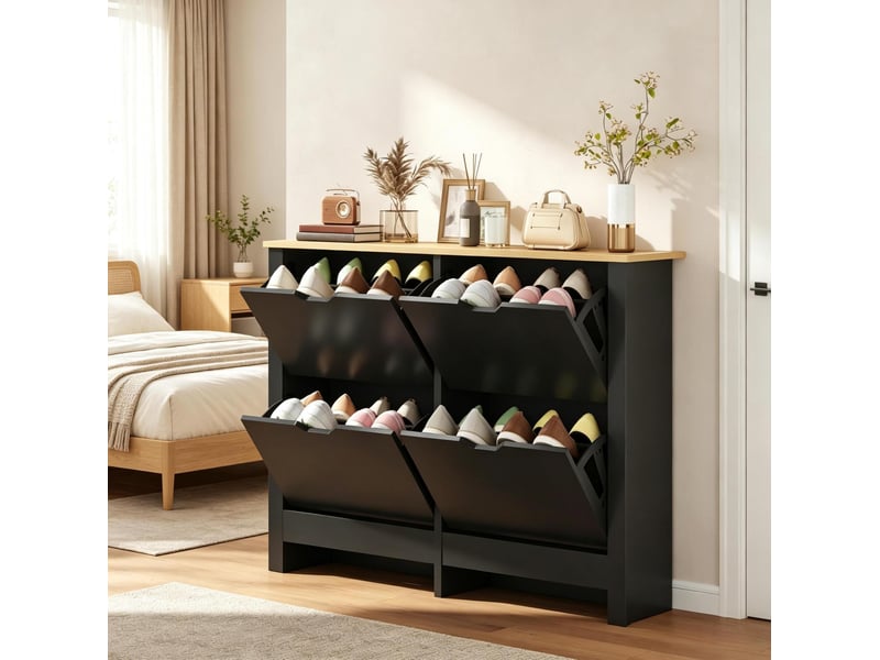  Meuble à chaussures tcqpz 16 paires 105 x 26 x 80 cm 4 portes abattantes étagères réglables panneau de particules e1 noir et décor bois naturel  - Conforama B
