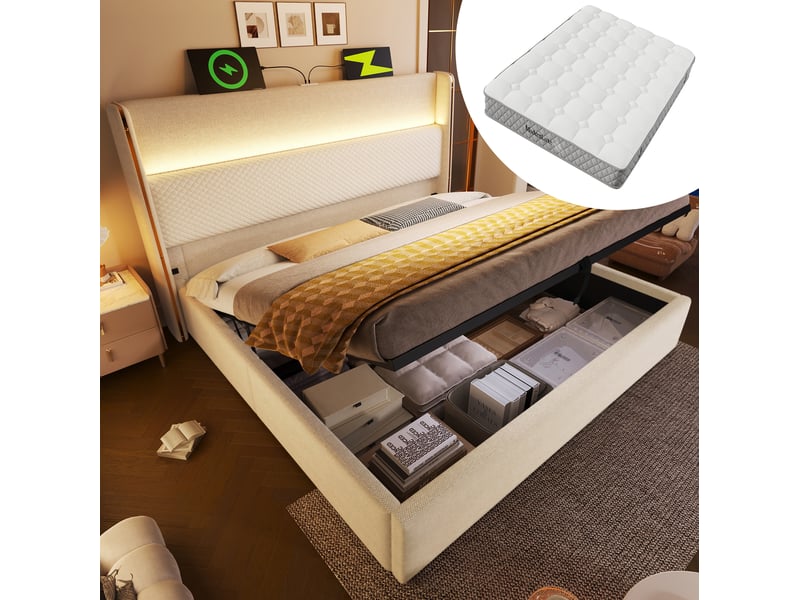  Elvmi lit coffre hydraulique avec grand tête de lit capitonnée effet lin, led intégrée, station de charge usbtype-c, rangement sous le lit, matelas 180x200 cm inclus, coloris beige  - Conforama B