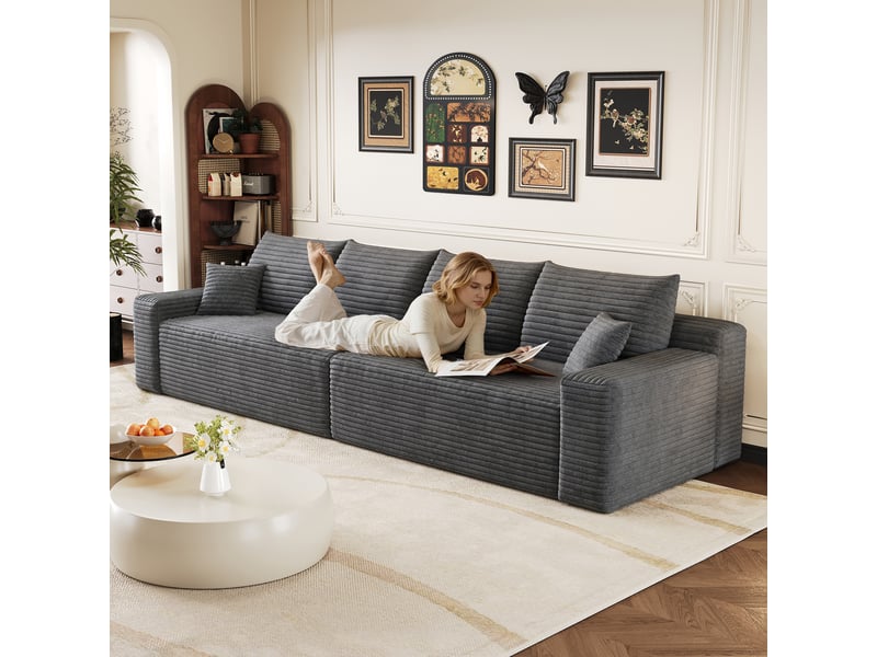  Canapé droit modulaire 302 cm sans structure ni montage, canapé-lit en mousse et velours côtelé doux, style moderne minimaliste pour salon, gris OPULERANE TRADING LTD - Conforama E