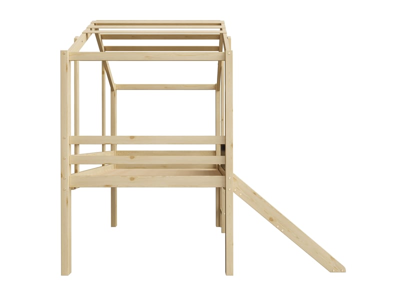  Lit enfant 90x200 cm avec toboggan sécurisé, structure style maison et échelle, bois naturel, sans matelas  - Conforama R