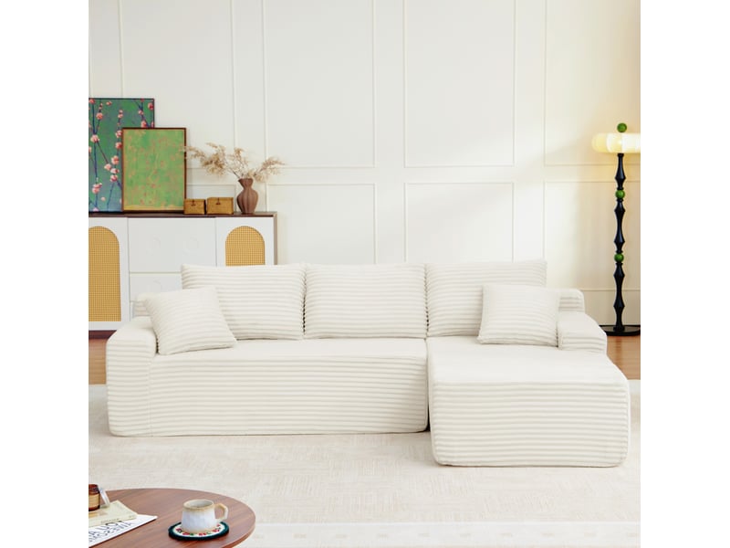  Canapé d’angle modulable 4 places en velours côtelé beige, 239x156x79 cm  - Conforama B
