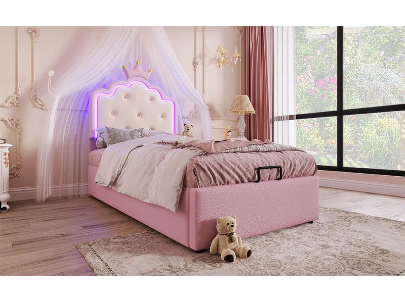  Lit coffre 90 × 200 cm, tête de lit couronne avec led, sommier relevable à vérins, revêtement pu, sans matelas, rose  - Conforama B