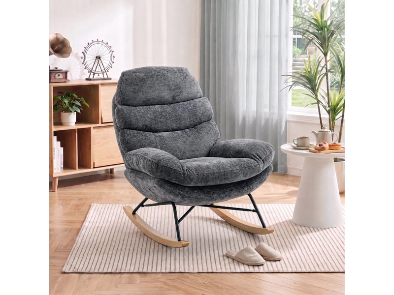 Fauteuil à bascule en tissu chenille et bois d'hévéa gris foncé 80 x 103 x 91 cm - Conforama E