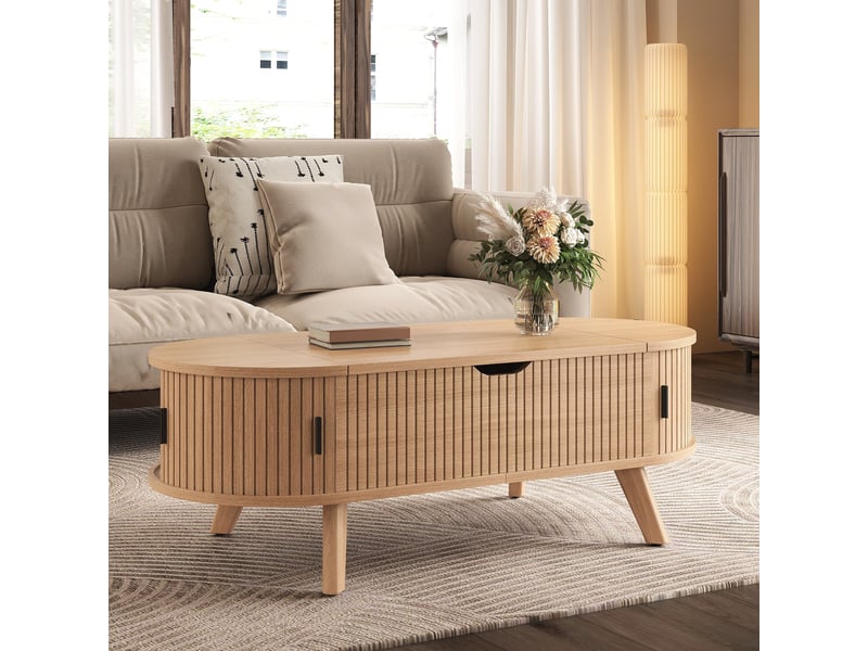 Table basse ovale relevable 100x48x54,5 cm avec plateau réglable, rangement caché et 2 portes coulissantes, effet ondulé, bois naturel - Conforama B