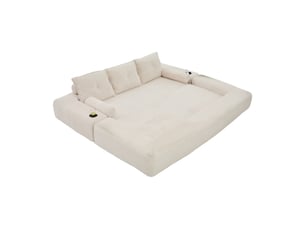 Canapé 3 places, avec fonction couchage, avec porte-gobelets, avec coussins, en velours côtelé, coloris beige, l232 x p98 x h80 cm