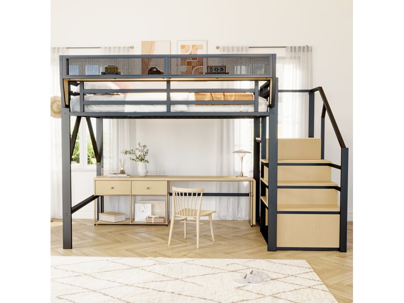 Lit mezzanine enfant 140x200 cm – noir – échelle de sécurité, étagère réglable et structure métal – sans matelas - Conforama B