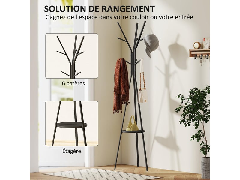  Porte-manteau trépied avec étagère et 9 patères en métal noir 45x45x180 cm  - Conforama D
