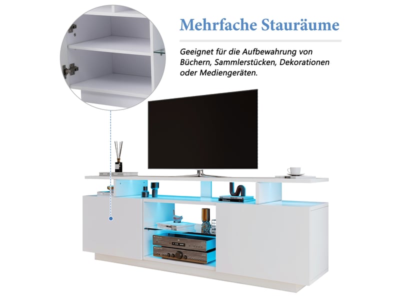  Meuble tv led blanc portes brillantes panneau de particules 140x35x55 cm  - Conforama E