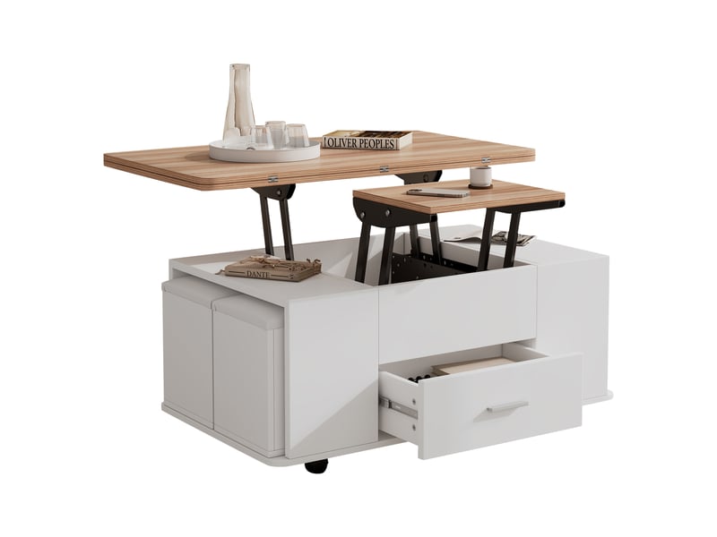 Table basse relevable avec tiroir, 4 tabourets et roulettes pour salon 100×50×45 cm blanche et bois naturel - Conforama A