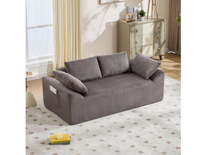 Canapé droit 2 places sans structure, assise profonde et poches latérales en velours côtelé gris et marron - Conforama D