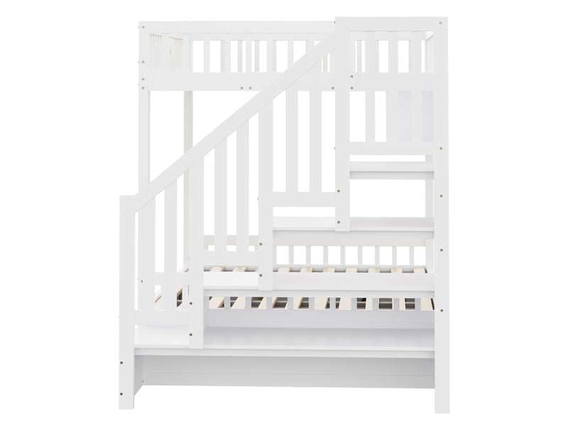  Lit superposé 200×140 cm avec rangement hydraulique, escalier à compartiments et étagères, en bois blanc  - Conforama E