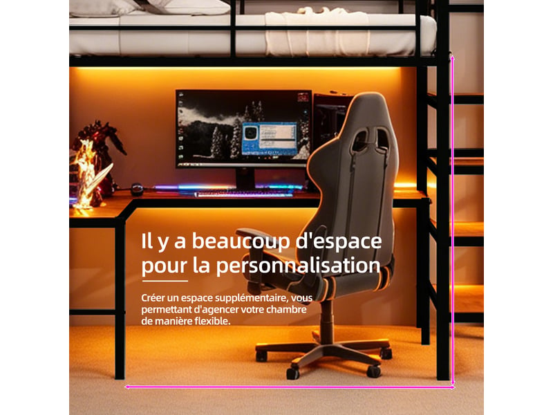  Lit mezzanine 1 place en fer avec bureau en l, escalier à rangements et garde-corps, 90x190 cm, noir  - Conforama E