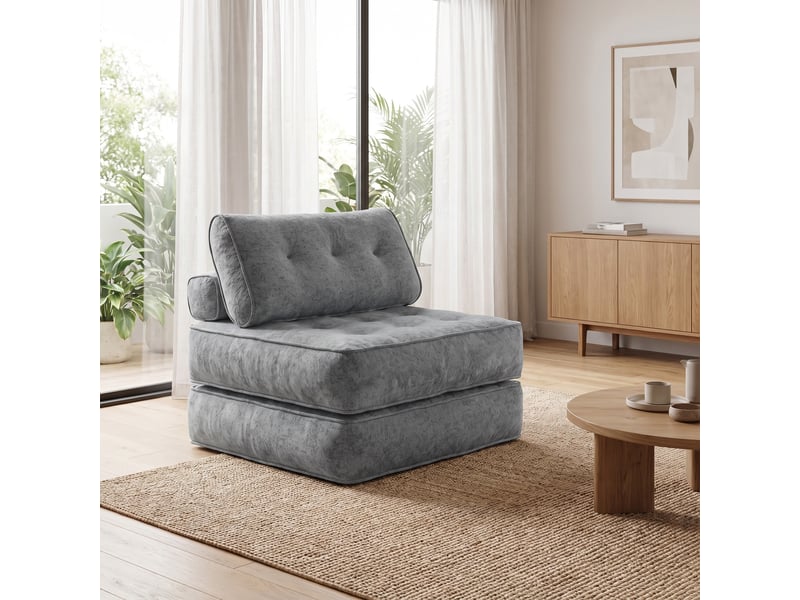  Fauteuil convertible chauffeuse style chesterfield 2 coussins tissu gris  - Conforama D