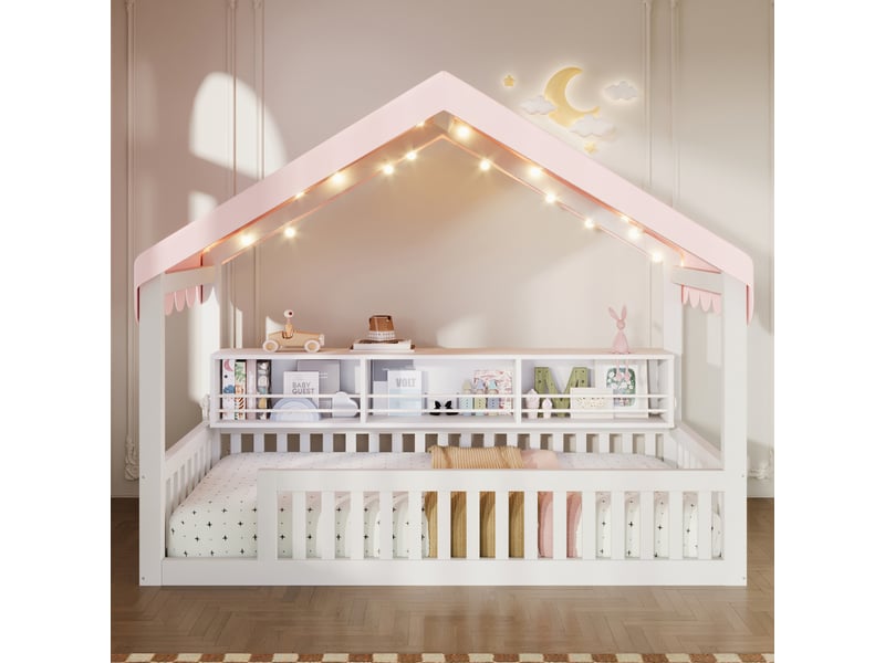  Lit cabane enfant simple 90×200 cm avec led, étagère et barrière - okmyhome- bois blanc, sans matelas  - Conforama C