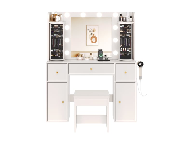  Coiffeuse avec miroir led dimmable et rangement bijoux rotatif, table de maquillage blanche 115x40x142 cm  - Conforama A